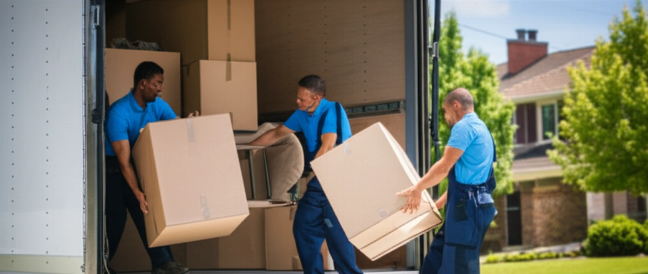 Traslocatori professionisti caucasici caricano scatoloni e mobili su un camion, mostrando l'impegno e il costo del servizio di trasloco.