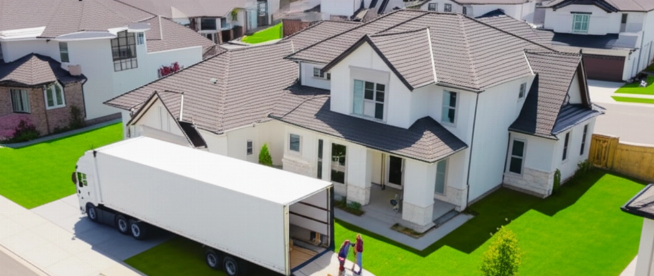 Vista aerea di un camion di traslochi parcheggiato davanti a una nuova casa suburbana, simboleggiando il completamento del trasloco e l'investimento.