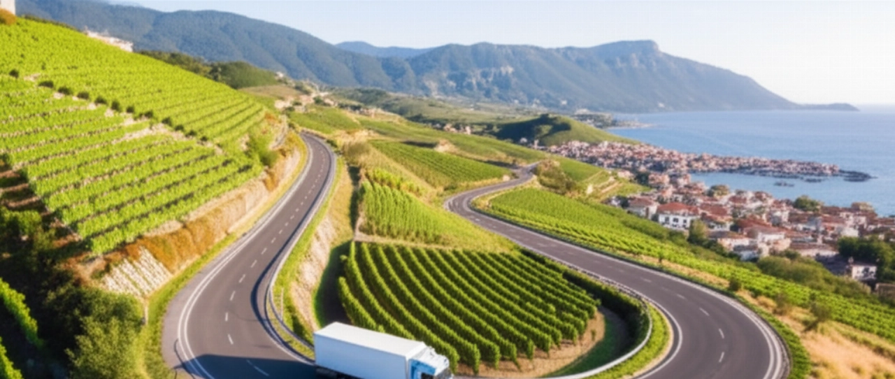 Vista aerea di un camion di traslochi internazionali che attraversa un vasto e pittoresco paesaggio europeo.