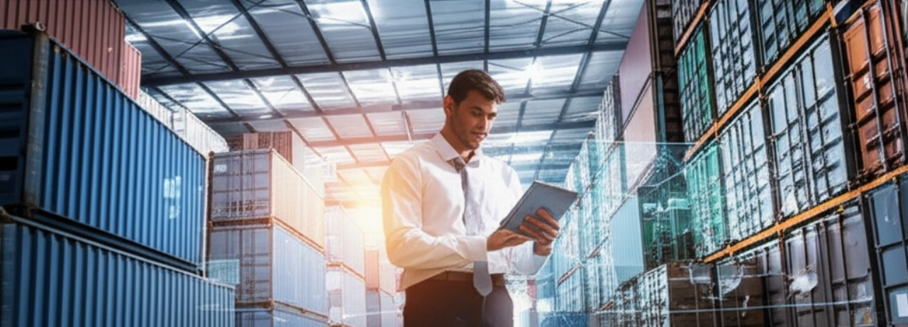 Interno di un moderno hub logistico internazionale con un professionista caucasico che supervisiona le operazioni.