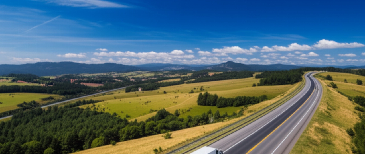 Vista aerea mozzafiato di un camion dei traslochi che percorre un'autostrada nazionale attraverso paesaggi vari, simboleggiando la copertura e l'efficienza dei traslochi a lunga distanza.