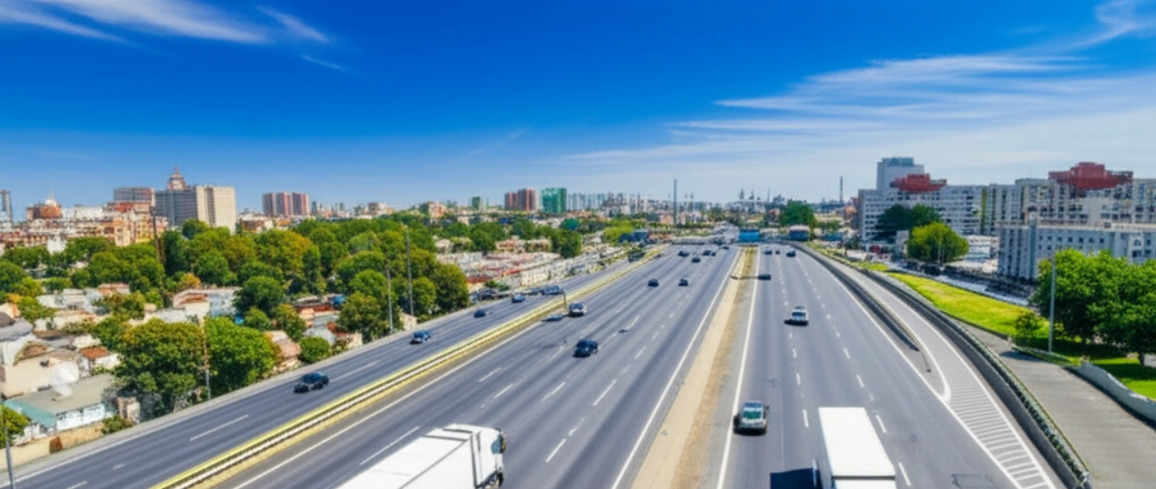 Vista aerea iperrealistica di un grande camion da trasloco che percorre un'autostrada attraverso un paesaggio urbano e suburbano, rappresentando la vasta portata dei servizi di trasloco.