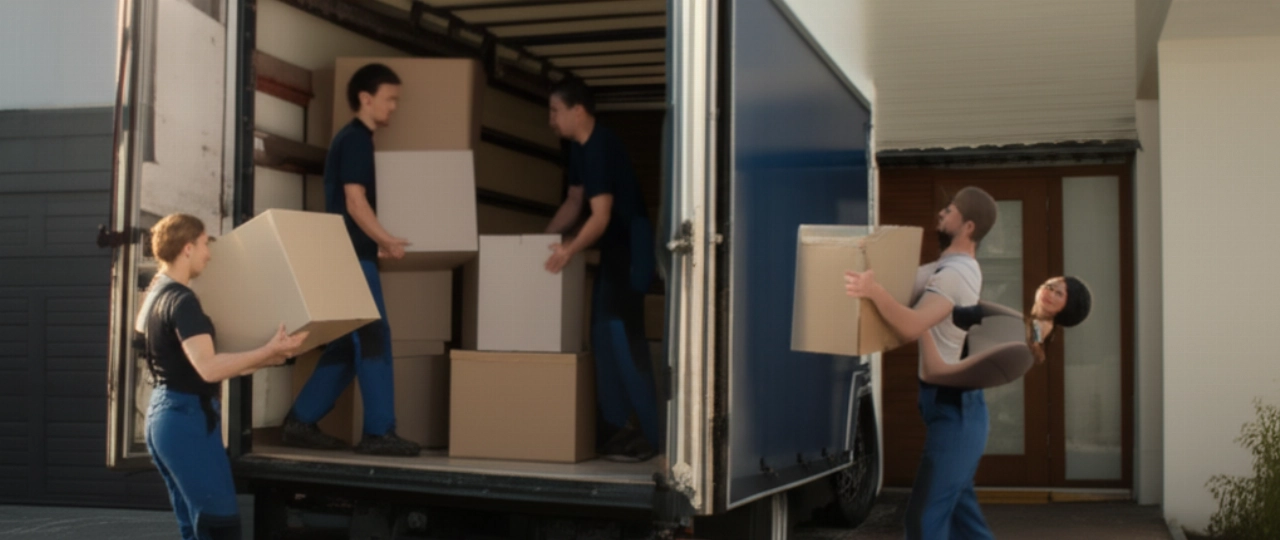 Squadra di traslocatori caucasici professionisti che scaricano con efficienza scatole da un camion moderno davanti a una casa, illustrando un servizio di trasloco organizzato e affidabile.