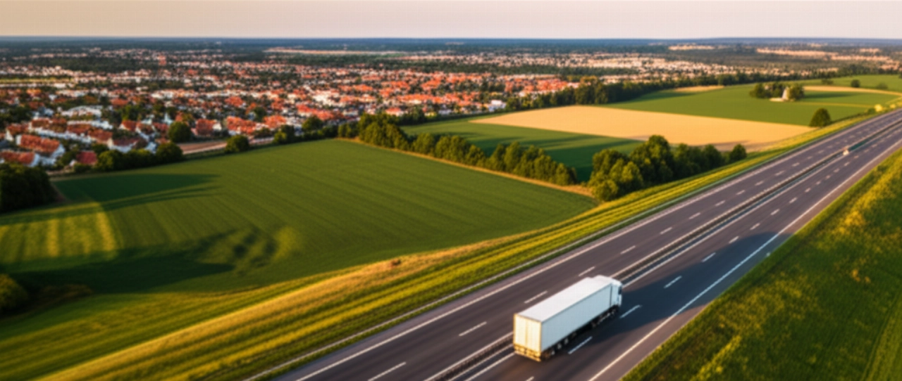Vista aerea iperrealistica di un moderno camion per traslochi che percorre un'autostrada, con il paesaggio che transita da urbano a rurale, simboleggiando il trasporto efficiente su lunghe distanze.