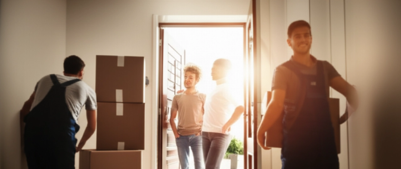 Una coppia caucasica serena osserva traslocatori professionisti caucasici che completano il loro trasloco in una nuova casa, illustrando un servizio efficiente e senza stress.