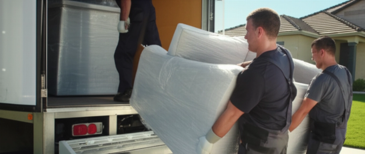 Due traslocatori caucasici trasportano un divano imballato fuori da un camion per traslochi su un vialetto residenziale.