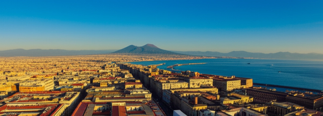 Vista aerea mozzafiato della Baia di Napoli e del Vesuvio, con un camion per traslochi che si muove lungo la costa, simboleggiando un trasloco senza problemi.