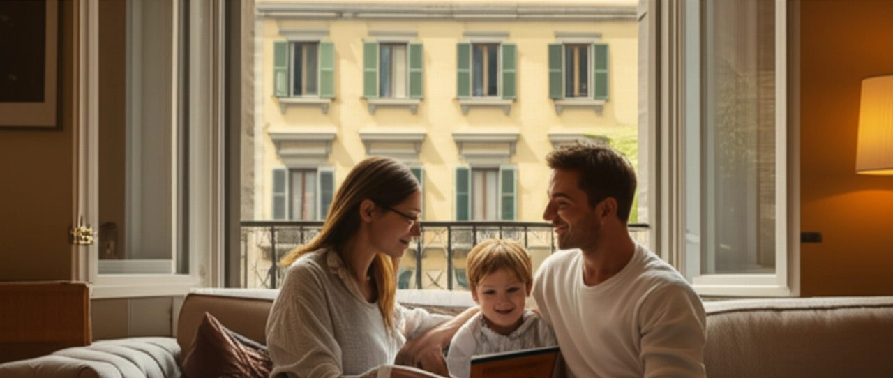 Una famiglia caucasica si rilassa nel proprio nuovo appartamento a Napoli, con una vista sulla città dal finestrino, simboleggiando la serenità dopo un trasloco riuscito.