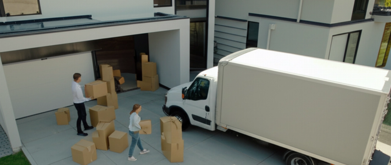 Vista aerea iperrealistica di un trasloco organizzato: un camion generico parcheggiato, scatole impilate e persone caucasiche che gestiscono il processo con efficienza sotto il sole.