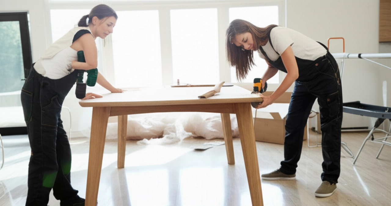 Due professionisti caucasici riassemblano un grande tavolo da pranzo moderno in una sala luminosa, concentrati sui dettagli e sull'uso degli attrezzi, con texture iperrealistiche del legno e degli strumenti.