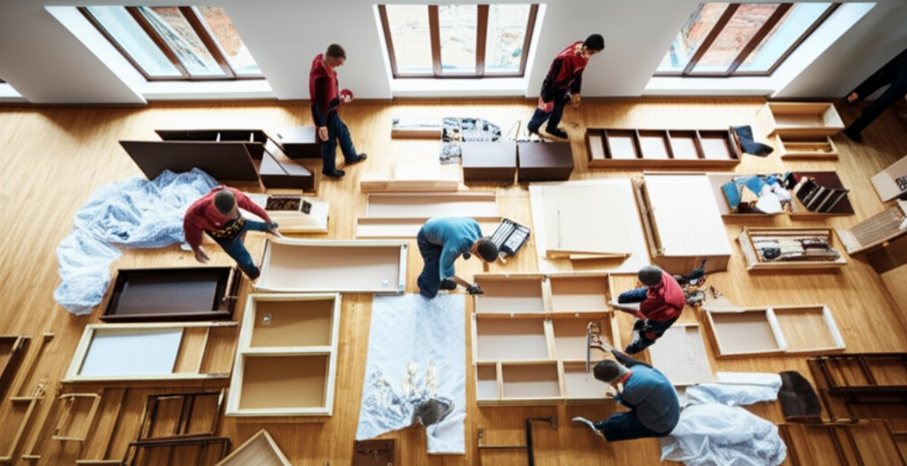 Vista aerea iperrealistica di una stanza luminosa dove professionisti caucasici stanno riassemblano mobili, con attrezzi e parti organizzate sul pavimento di legno, evidenziando efficienza e ordine.
