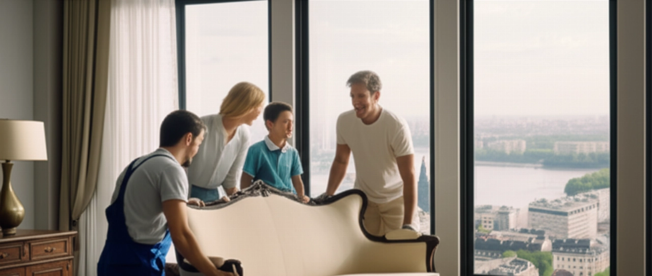 Una famiglia caucasica felice riceve i propri mobili in un nuovo appartamento all'estero, con vista aerea su una città europea.