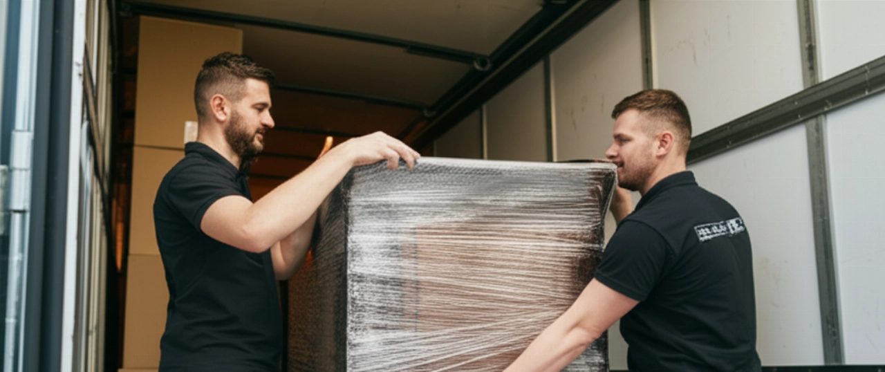 Traslocatori professionisti caucasici che imballano con cura mobili in un ambiente organizzato, simbolo di un servizio di trasloco internazionale efficiente.