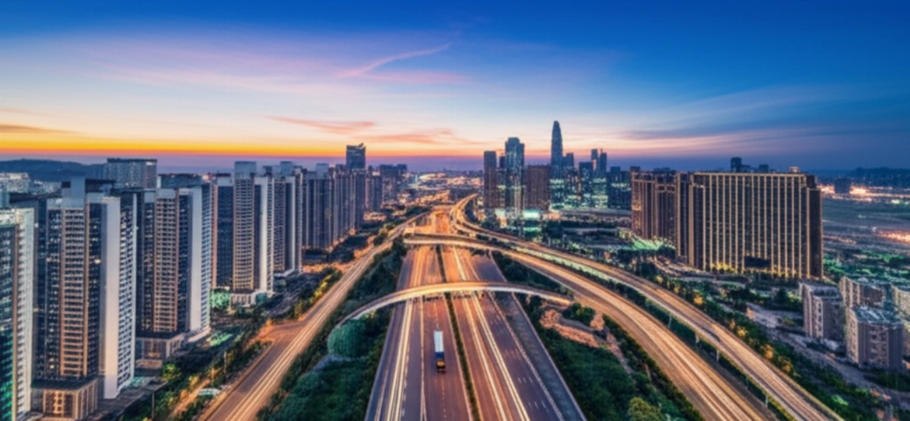 Vista aerea iperrealistica di una città moderna al tramonto, con autostrade e camion da trasloco, che rappresenta la logistica dei traslochi internazionali.