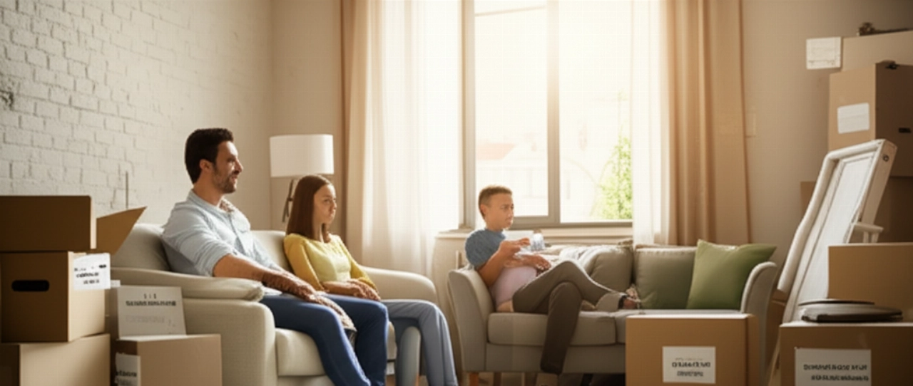 Famiglia sorridente e rilassata in un nuovo appartamento a Torino, circondata da scatole di trasloco ordinate, che simboleggia un trasloco facile e senza stress.