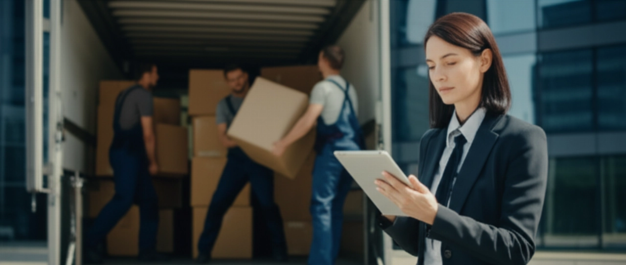 Trasloco efficiente di archivi: una project manager caucasica supervisiona il carico di scatole sicure su un camion specializzato, enfatizzando professionalità e sicurezza.
