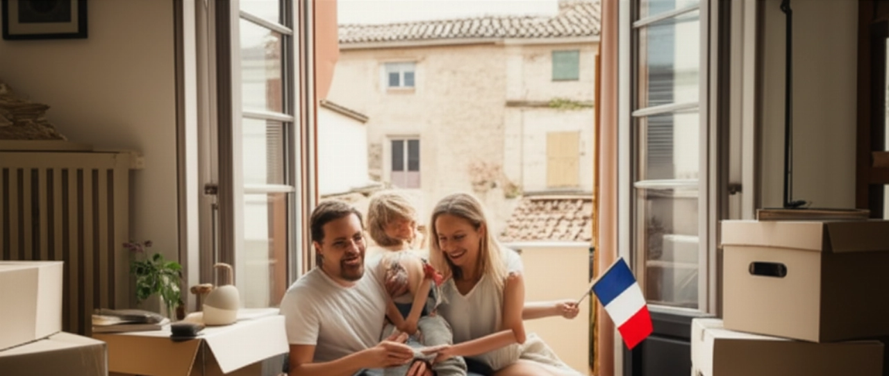 Famiglia caucasica che disfa gli scatoloni in un luminoso soggiorno di una nuova casa in Francia, con vista su un villaggio francese.