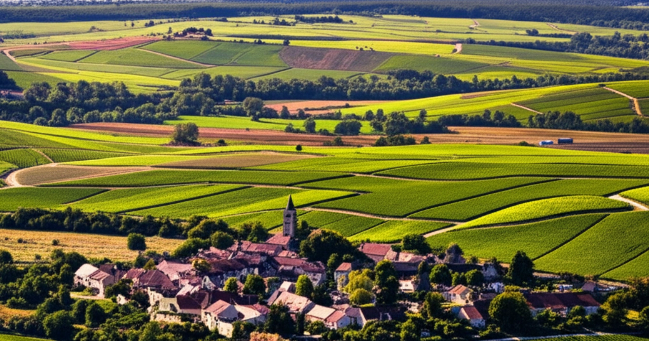 Vista aerea iperrealistica di un paesaggio rurale francese con vigneti e un villaggio, con un camion da trasloco che si avvicina in lontananza.