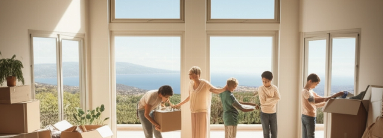 Interno di una luminosa casa siciliana con vista mare, scatole del trasloco parzialmente aperte e una famiglia caucasica che si sistema nel nuovo ambiente.
