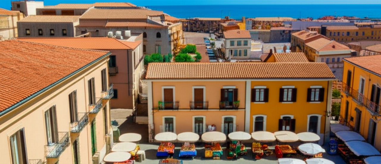 Vista aerea iperrealistica di un vivace mercato tradizionale siciliano in una piazza storica, con persone caucasiche che fanno acquisti e il mare sullo sfondo.
