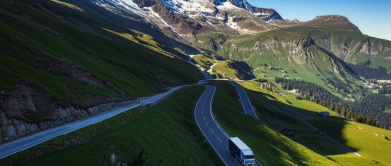 Vista aerea iperrealistica di un camion da trasloco generico che percorre una strada alpina tortuosa e incontaminata in Svizzera, circondato da maestose montagne e valli verdi.