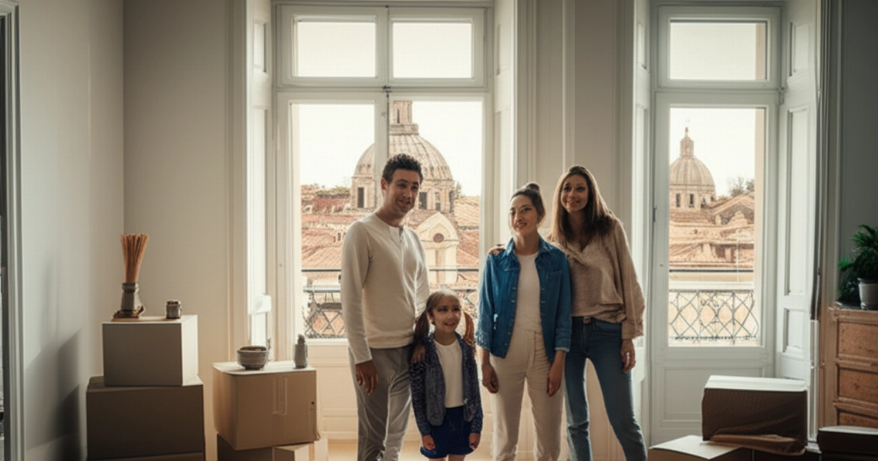 Una famiglia caucasica sorride nel nuovo appartamento a Roma, con scatole di trasloco e una vista aerea suggestiva sui tetti della città.