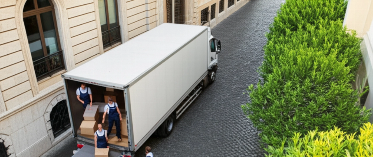 Una squadra di traslocatori professionisti caucasici scarica con cura un camion su una strada lastricata, di fronte a un elegante edificio italiano, ripresa dall'alto.