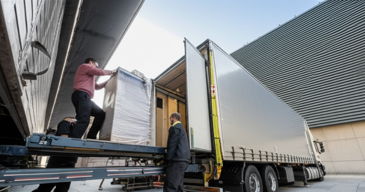 Un camion specializzato per il trasporto d'arte parcheggiato al molo di carico di un museo moderno, con due addetti caucasici che caricano con cautela una grande scultura imballata, simboleggiando il trasporto sicuro di opere d'arte.