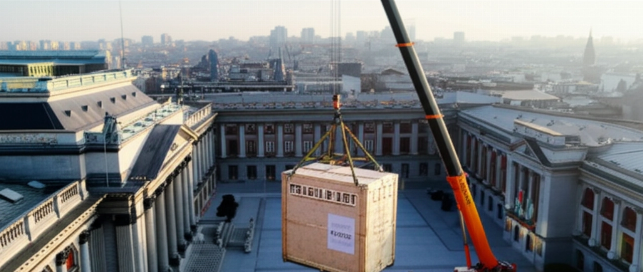 Vista aerea iperrealistica di una gigantesca cassa d'arte che viene calata da una gru sulla piazza antistante un prestigioso museo storico europeo, con lo skyline della città sullo sfondo, illustrando il trasloco di opere d'arte su larga scala.