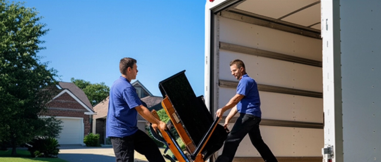 Due traslocatori caucasici professionisti caricano con cura un pianoforte verticale sulla rampa di un grande e moderno camion per traslochi in una strada suburbana.