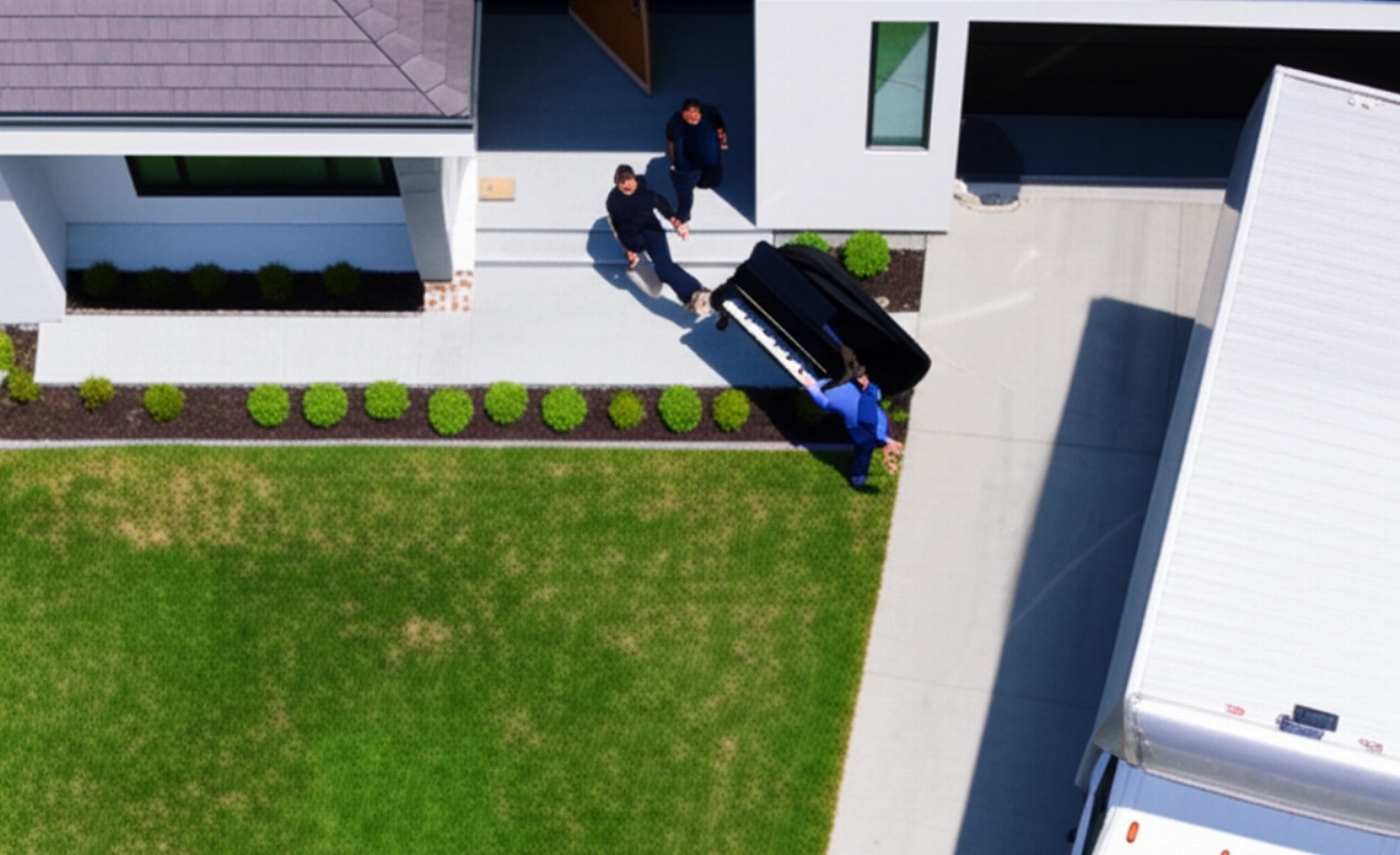 Veduta aerea di una casa moderna con un pianoforte a coda che viene introdotto attraverso la porta d'ingresso da due traslocatori, con un camion parcheggiato nel vialetto.