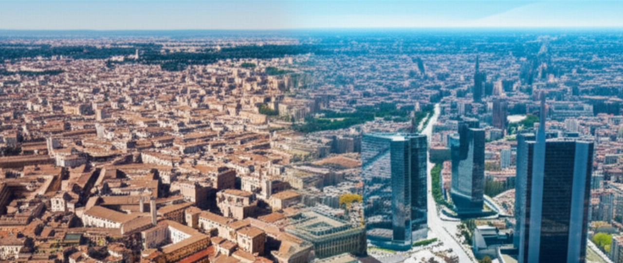 Vista aerea iperrealistica che mostra il contrasto tra l'architettura storica di Roma a sinistra e i moderni grattacieli di Milano a destra, uniti da una sottile linea visiva.
