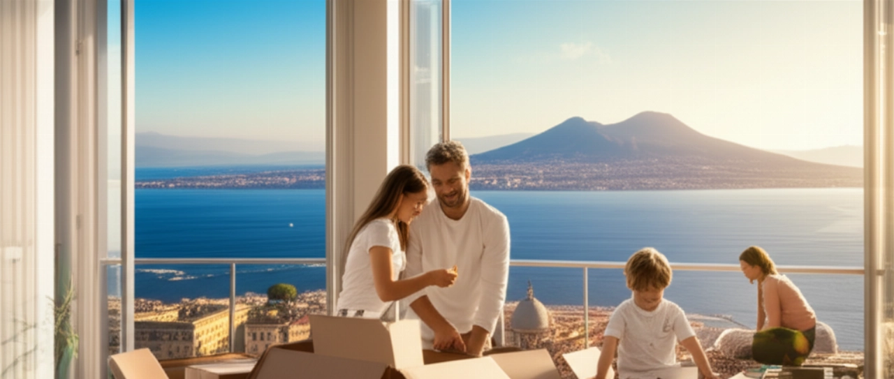 Una famiglia caucasica disfa gli scatoloni in un luminoso appartamento di Napoli, con una vista panoramica sul Golfo e sul Vesuvio dalla finestra.