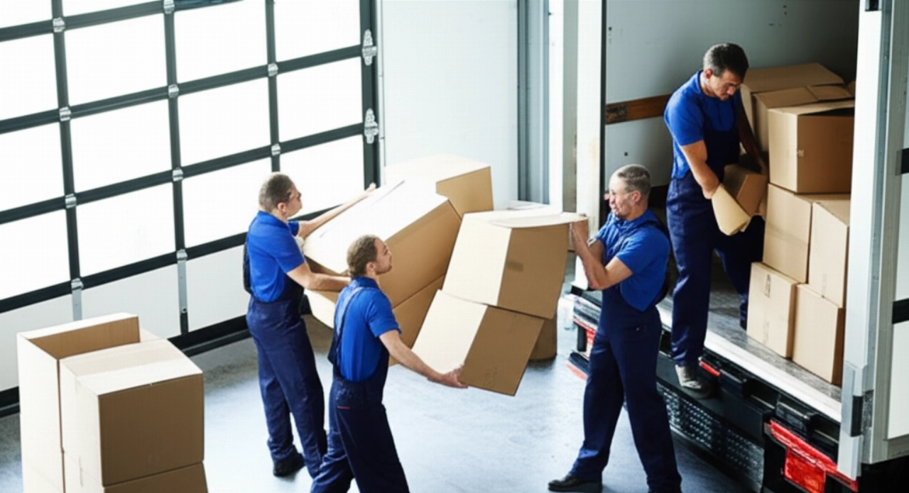Immagine iperrealistica di traslocatori caucasici che caricano scatoloni di ufficio su un camion, evidenziando il dinamismo e la coordinazione.