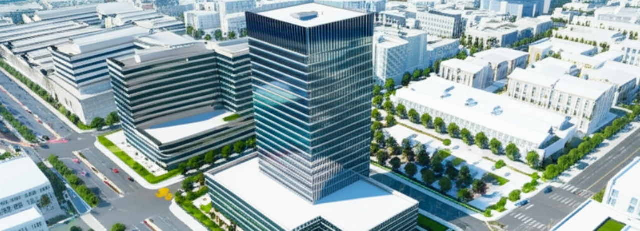 Vista aerea iperrealistica di un moderno edificio per uffici in un contesto urbano, che simboleggia la nuova sede dopo un trasloco di successo.